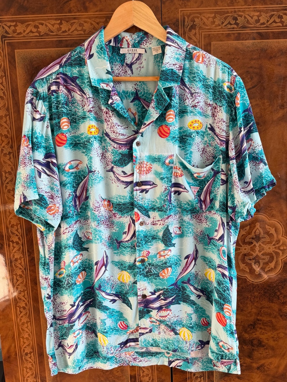 Guess Teal Dolphin Print Casual Button-Down Shirt